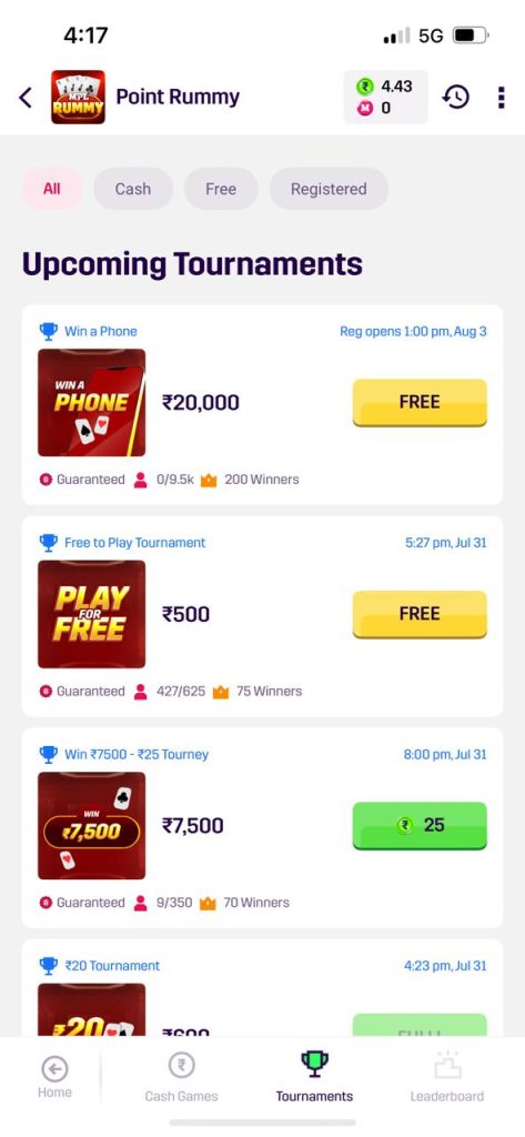 free and cash rummy tournaments
